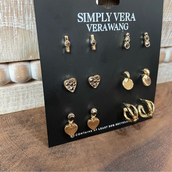 NWT Simply Vera Vera Wang Stud Earrings Set of 6 gold hearts, circles and hoops - Picture 4 of 6